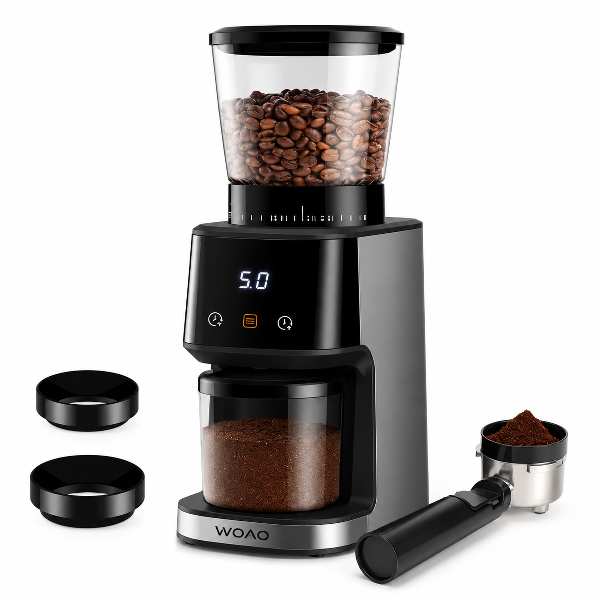 WOAO Elektrische Kaffeemühle mit 31 Mahlgraden – Kegelmahlwerk & LCD-Display